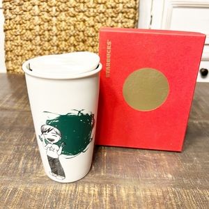Starbucks Painted Wall A Little Boy Ceramic Travel Cup 12 Oz.  2015. NWB!.